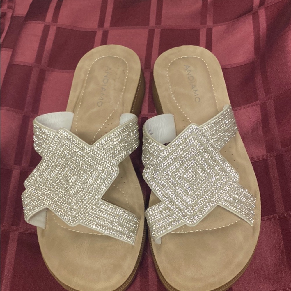 Elegant Silver Tan Sandals with Intricate Embellishments NWOT